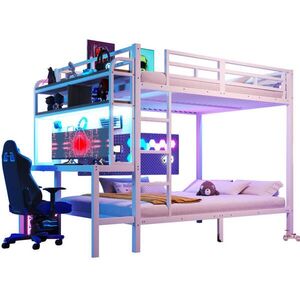 Flora Grace POSCHODOVÁ posteľ 140/200 cm z kovu a MDF s písacím stolom, LED osvetlením a USB, biela vyobraziť