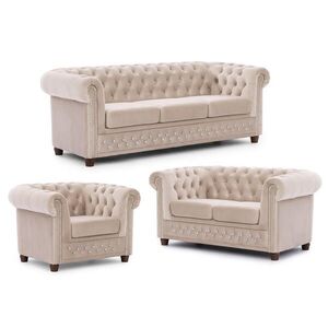 S-Style SEDACIA ZOSTAVA 3+2+1 Chesterfield Cleo Blink béžová, zamat s krištáľovým prešívaním vyobraziť