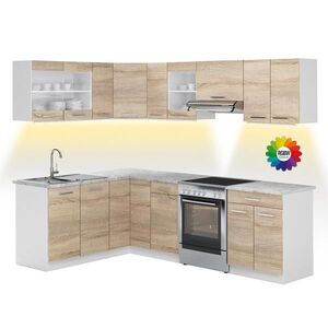 Vicco ROHOVÁ KUCHYŇA R-Line, Sonoma/biely, 247 x 167 cm s pracovnou doskou s LED pásikom vyobraziť