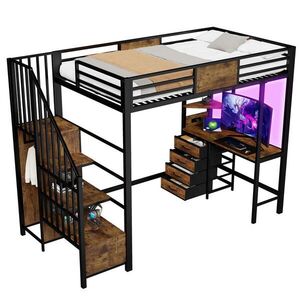 OKWISH VYSOKÁ posteľ 90/200 cm čierna z kovu s písacím stolom policami tyčou na šaty LED osvetlením a zásuvkou vyobraziť