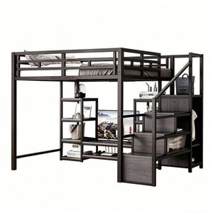 OKWISH VYSOKÁ posteľ 140/200 cm čierna z kovu a MDF s TV stolíkom zásuvkou a úložným rebríkom vyobraziť