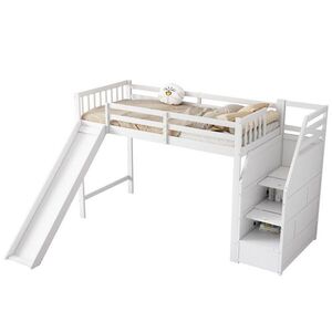 OKWISH VYSOKÁ posteľ 90/200 cm biela z borovice a MDF so šmykľavkou a úložnými schodíkmi vyobraziť