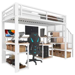 OKWISH VYSOKÁ posteľ 90/200 cm biela z kovu a MDF s písacím stolom LED osvetlením a USB vyobraziť