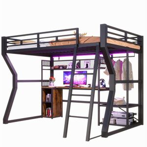 OKWISH VYSOKÁ posteľ 140/200 cm čierna z MDF a kovu s osvetlením zásuvkou písacím stolom a úložným priestorom vyobraziť