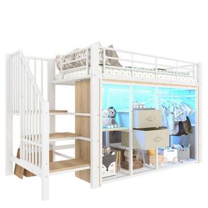 OKWISH VYSOKÁ posteľ 90/200 cm biela z kovu s LED osvetlením otvoreným šatníkom a 2 zásuvkami vyobraziť