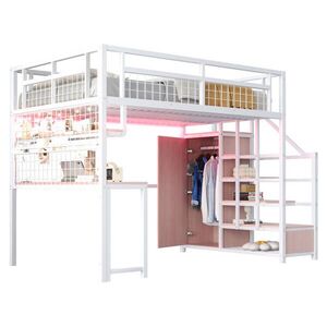 OKWISH VYSOKÁ posteľ 140/200 cm biela z MDF a kovu s úložným schodiskom stolom policou a svetlom vyobraziť