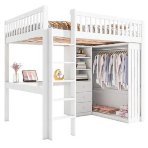 OKWISH VYSOKÁ posteľ 140/200 cm biela z borovice a MDF s písacím stolom šatníkom 3 zásuvkami a schodmi vyobraziť