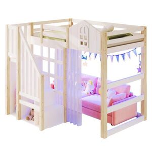 OKWISH VYSOKÁ posteľ 90/200 cm biela/prírodná z borovice a MDF s LED osvetlením a úložným rebríkom vyobraziť