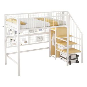 OKWISH VYSOKÁ posteľ 90/200 cm bielo-čierna z kovu a MDF s LED osvetlením, schodmi s úložným priestorom a šatníkom vyobraziť