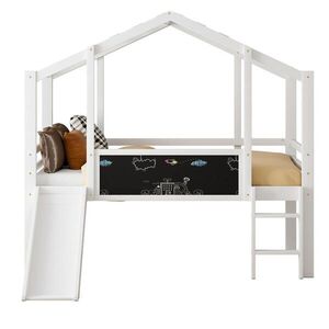 OKWISH VYSOKÁ posteľ 204/159/174, 5 cm biela z masívneho dreva so šmykľavkou, rebríkom a tabuľou vyobraziť