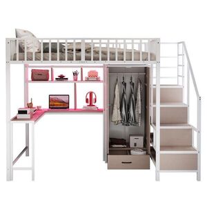 OKWISH VYSOKÁ posteľ 140/200 cm biela z kovu a MDF s písacím stolom šatníkom zásuvkami LED a nabíjaním vyobraziť
