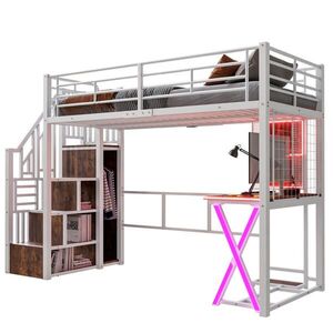 OKWISH VYSOKÁ posteľ 90/200 cm biela z kovu a MDF s LED osvetlením písacím stolom šatníkom a úložným rebríkom vyobraziť
