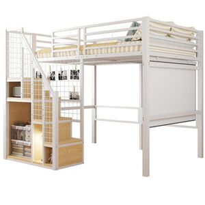 OKWISH VYSOKÁ posteľ 140/200 cm biela z MDF a kovu s úložným priestorom a bezpečnostným rebríkom vyobraziť