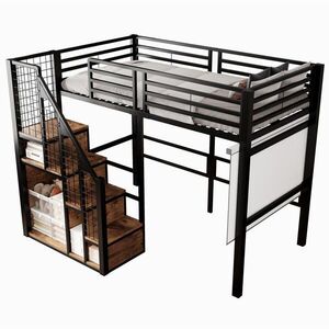 OKWISH VYSOKÁ posteľ 90/200 cm čierna z kovu a MDF s úložným priestorom a schodíkmi vyobraziť