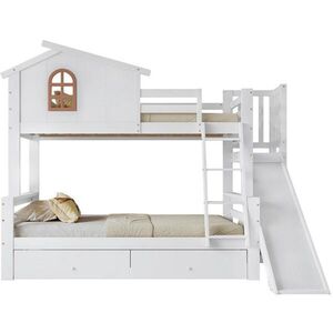 OKWISH POSCHODOVÁ posteľ 90/200 a 120/200 cm biela so šmykľavkou, oknami a zásuvkami z masívneho dreva a MDF vyobraziť