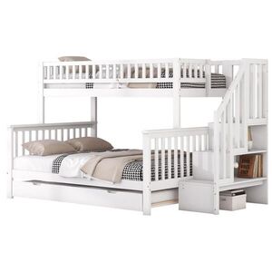 OKWISH POSCHODOVÁ posteľ 90/200 a 140/200 cm biela s výsuvným lôžkom a úložnými schodmi z borovice a MDF vyobraziť