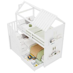 OKWISH POSCHODOVÁ posteľ 90/200 cm biela z masívneho dreva a MDF s úložnými schodmi a zásuvkami vyobraziť
