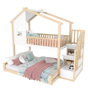 OKWISH POSCHODOVÁ posteľ 90/140/200 cm prírodná/biela z borovice s úložnými schodíkmi a domčekovým horným lôžkom vyobraziť