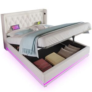 OKWISH ČALÚNENÁ posteľ 160/200 cm biela s LED, USB a úložným priestorom z PU vyobraziť