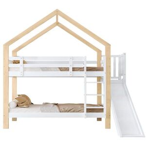 OKWISH POSCHODOVÁ posteľ 90/200 cm biela/prírodná so šmykľavkou a 3-stupňovým rebríkom z masívneho dreva a MDF vyobraziť
