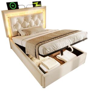 OKWISH ČALÚNENÁ posteľ 90/200 cm béžová s LED osvetlením úložným priestorom a USB nabíjaním zo zamatu vyobraziť