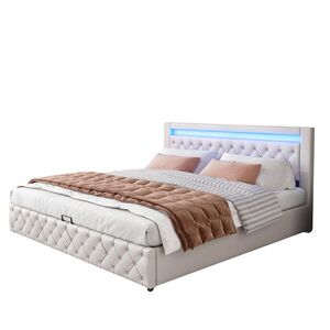 OKWISH ČALÚNENÁ posteľ 160/200 cm biela s LED osvetlením a úložným priestorom z PU vyobraziť