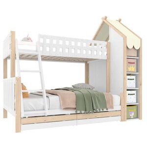 OKWISH POSCHODOVÁ posteľ 90/200 + 140/200 cm biela/prírodná s úložným priestorom a zábranou z borovice a MDF vyobraziť