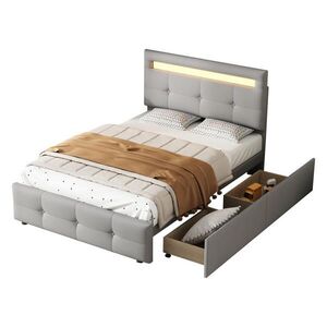 OKWISH ČALÚNENÁ posteľ 90/200 cm sivá s LED osvetlením 2 zásuvkami a nastaviteľným čelom z dreva a textilu vyobraziť