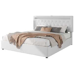 OKWISH ČALÚNENÁ posteľ 180/200 cm biela s úložným priestorom LED osvetlením a USB z ľanu a MDF vyobraziť