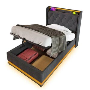 OKWISH ČALÚNENÁ posteľ 90/200 cm sivá s LED, USB a úložným priestorom z ľanu vyobraziť