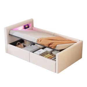 OKWISH ČALÚNENÁ posteľ 90/200 cm béžová s LED osvetlením USB a hydraulickým úložným priestorom zo zamatu vyobraziť