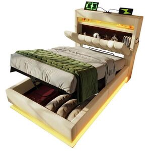 OKWISH ČALÚNENÁ posteľ 90/200 cm béžová s LED, USB a hydraulickým úložným priestorom z ľanovej tkaniny vyobraziť