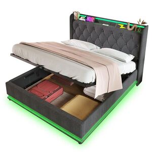 Modfu ČALÚNENÁ posteľ z ľanu 140x200 cm sivá s LED, USB a USB-C, hydraulickým úložným priestorom a matracom vyobraziť