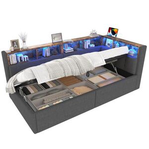 Modfu DENNÁ posteľ z MDF a ľanu 90x200 cm sivá s LED osvetlením, USB a Type-C portami a hydraulickým úložným priestorom vyobraziť