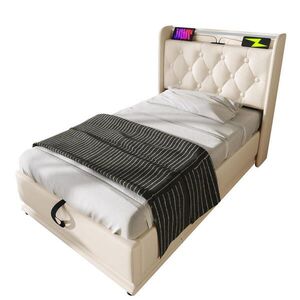 Modfu ČALÚNENÁ posteľ z PU 90x200 cm biela s 360° LED osvetlením, USB a USB-C nabíjaním, hydraulickým úložným priestorom vyobraziť