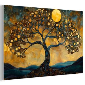 MuchoWow KOVOVÝ OBRAZ Strom - Mesiac - Kvety - Zlato - Umenie 90x60 cm vyobraziť