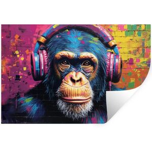 MuchoWow NÁLEPKA NA STENU Graffiti - Šimpanz - Street art - Slúchadlá - Opica 60x40 cm vyobraziť