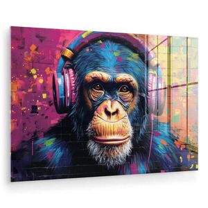 MuchoWow OBRAZ NA AKRYLOVOM SKLE Graffiti - Šimpanz - Street art - Slúchadlá - Opica 90x60 cm vyobraziť
