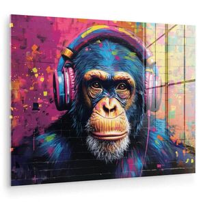 MuchoWow OBRAZ NA AKRYLOVOM SKLE Graffiti - Šimpanz - Street art - Slúchadlá - Opica 80x60 cm vyobraziť