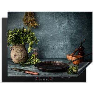 MuchoWow KRYT NA SPORÁK Bylinky - Korenie - Panvica - Nôž - Sivá - Rustikálna 77x59 cm vyobraziť