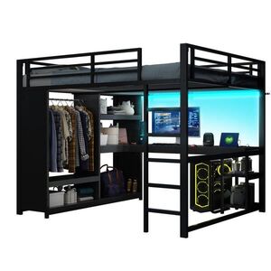 OKWISH VYSOKÁ posteľ 160/200 cm čierna z kovu s LED osvetlením písacím stolom a otvoreným šatníkom vyobraziť