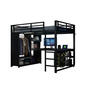 OKWISH VYSOKÁ posteľ 140/200 cm čierna z kovu s LED osvetlením písacím stolom a otvoreným šatníkom vyobraziť