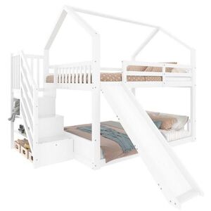 OKWISH POSCHODOVÁ posteľ 140/200 cm biela/sivá s úložnými schodmi a šmykľavkou z borovice a MDF vyobraziť