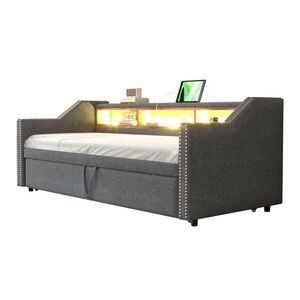 Redom ČALÚNENÁ posteľ 90/190 cm s výsuvným lôžkom 180/190 cm, LED osvetlením a USB portom, tmavosivá vyobraziť
