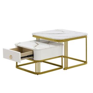 Redom KONFERENČNÝ stolík 60/60/45 + 50/50/34 cm, 2-dielna zostava s zásuvkou a vysokolesklým mramorovým vzhľadom z MDF, Biela/Zlatá vyobraziť