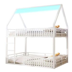 Redom VYVÝŠENÁ posteľ 140/200 cm v tvare domčeka s LED osvetlením a ochranným plotom, Biela vyobraziť
