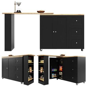 Redom KUCHYNSKÝ ostrovček 135-203/39/106 cm otočný o 360° s kolieskami, 3 zásuvkami a snack policou z MDF, Čierna vyobraziť
