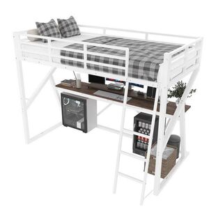 Redom VYVÝŠENÁ posteľ 90/200 cm s LED osvetlením, písacím stolom, schodíkmi a kovovým rámom, Biela vyobraziť