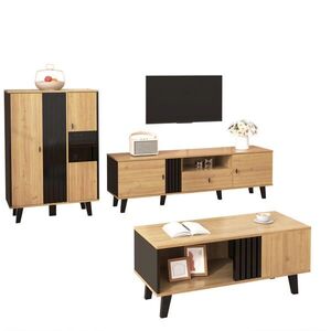 Redom NÍZKA komoda 170/40/50, 5 cm s 2 dvierkami, zásuvkou a úložným priestorom, Prírodná a čierna vyobraziť