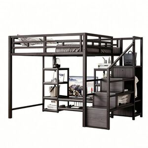Redom VYVÝŠENÁ posteľ 140/200 cm s TV stojanom, zásuvkou a úložným rebríkom, kov a MDF, Čierna vyobraziť